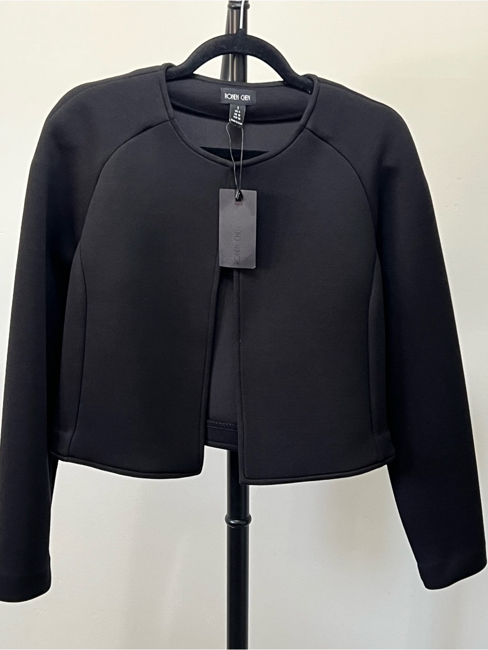Ronen Chen black collarless & cropped open-front jacket size 6 NWT